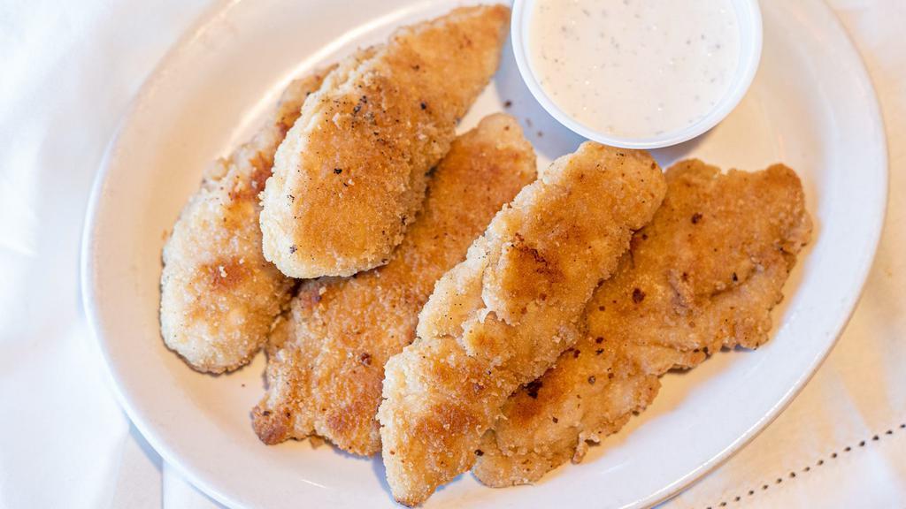Chicken Strips · Five white meat tenderloins served with ranch, bbq, or ketchup.