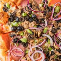 Deluxe Combo (Individual) · Pepperoni, smoked ham, Italian sausage, olives, green peppers, mushrooms, and red onions.