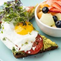 Avocado Toast · Toasted piece of Mediterra multigrain bread, smothered with one whole California smashed avo...