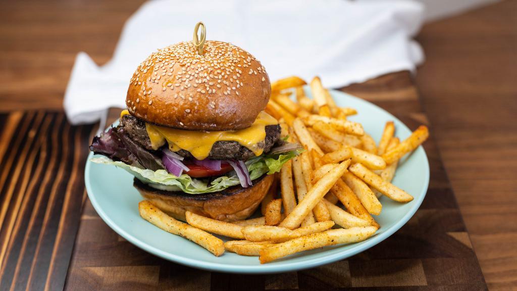 Classic Burger · 8 oz patty made from brisket, sirloin and 80/20 angus on a challah sesame seed bun with lettuce, tomatoes, onions, mayo and American cheese. Served with fries. (Don’t forget to add bacon).