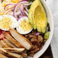 Chopped Chicken Salad · Mixed green lettuce, chopped tomatoes, red onions, toasted pecans, avocado, hard boiled egg,...