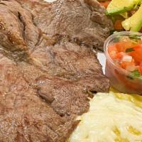 Asada Plate · Steak  (come with 2 mini small cheese enchiladas with green salsa, salad with tomate and avo...