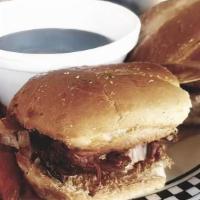 French Dip · Served with beer battered fries.