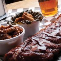 Full Rack Platter · Baby back or St. Louis spares. 12 bones, two sides and a slice of cornbread.