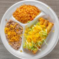 3 Pieces Rolled Tacos With Guacamole Rice & Beans · rice end beans