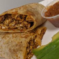Chorizo & Egg · Flour tortilla filled with scrambled eggs and chorizo, comes with choice of green or red salsa