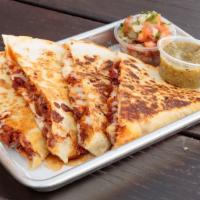 Quesadillas With Meat · Flour tortilla filled with melted cheese, choice of protein, pico de gallo, served with sals...