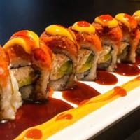 Split Decision Roll · California roll, topped with spicy tuna, eel sauce, spicy mayo, and wasabi mayo