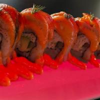 El Jefe Roll · California roll, topped with salmon, spicy mayo, eel sauce, green onion, and seared for a sm...