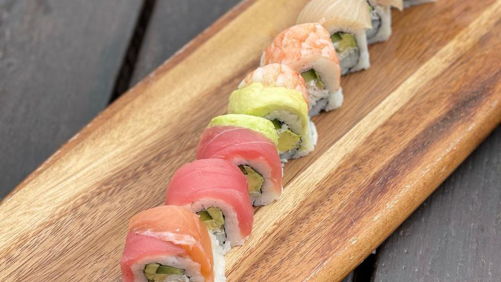 Rainbow Roll · california roll topped with tuna, salmon, yellowtail, shrimp,  and avocado.