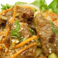 Beef Salad · Peanut-free, dairy-free, gluten-free, soy-free, egg-free. Grilled beef slices, lettuce, cucu...