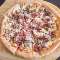 Meat Lover Pizza · Pizza sauce base, ham, pepperoni, italian sausage, beef, and bacon bits.