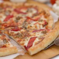 The Mafia Pizza · Fire roasted red peppers, italian sausage, fresh basil, salami, garlic, mozzarella cheese, a...