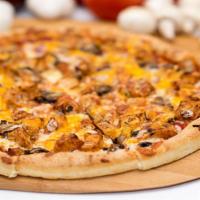 Bbq Chicken Pizza · Pizza sauce base, BBQ chicken, mushrooms, red onions, mozzarella, and cheddar cheese.