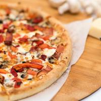 Pizza Al Prosciutto Pizza · Olive oil glaze with mushrooms, prosciutto ham, tomatoes, goat cheese, roasted peppers, fres...