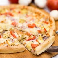 Artichoke Chicken Pizza · Garlic ranch sauce, grilled chicken, artichokes, onions, tomatoes, and mozzarella.