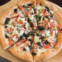 Plato Veggie Pizza · Mushrooms, green peppers, onions, black olives, fresh spinach, pineapple, fresh tomatoes, mo...