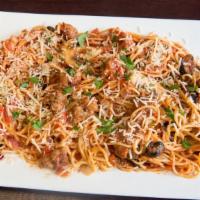 Spaghetti Pavia Pasta · Olive oil, italian sausage, garlic, tomatoes, mushrooms, onions, olives, and marinara sauce....