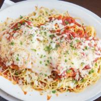 Chicken Parmesan Pasta · Breaded chicken breast, spaghetti, marinara, parmesan, and mozzarella.