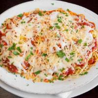 Baked Spaghetti Pasta · Spaghetti, mozzarella, parmigiana, and choice of marinara or meat sauce.