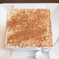 Tiramisu · Savoiardi, mascarpone cream, marsala wine, brewed espresso, and cocoa powder.