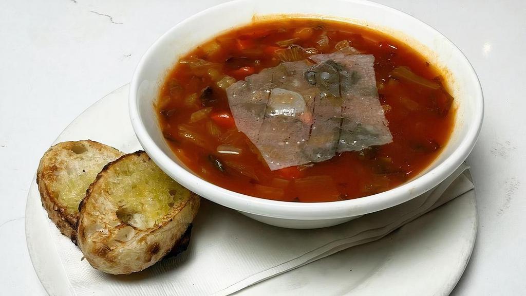 Minestrone Soup · white bean, carrot, onion, fennel, escarole, ditalini pasta, pomodoro-reggiano brood. served with flatbread wedges