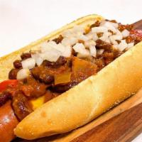 Chow Chow · Your choice of dog with Beef Chili, Cheddar Cheese and Onions.  Toasted