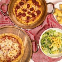 Pizza Family Meal · 1 Cheese Pizza, Pepperoni Pizza, Caesar Salad & 8 Garlic Knots with Red Dipping Sauce Includ...