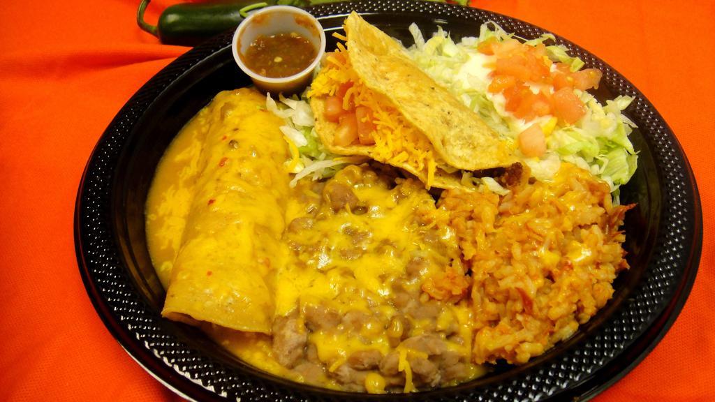 Taco Enchilada Special · One taco, one enchilada, beans, rice, salad, tortilla. Or two tacos, or two enchiladas.