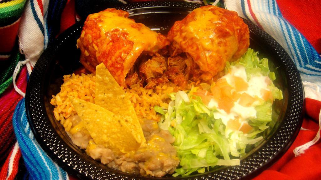 Burrito Special · One meat and bean burrito smothered with red or green, side of rice, beans, salad.