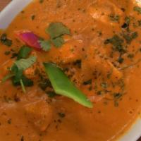 Chicken Tikka Masala-D · Gluten free. Chicken breast cubes cooked in an onion, tomato, and cream-based sauce.