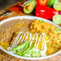 Enchiladas Suizas · Gluten-free. Two corn tortillas stuffed with shredded chicken, covered with our special gree...