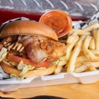 Bacon Ranch Chicken Sandwich · TK fried chicken breast, bacon, ranch, tomato, lettuce, served with fries.