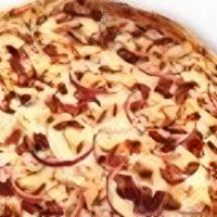 Western Bbq Chicken Pizza · Grilled chicken breast, red onions, and bacon cooked in a layer of Sweet Baby Ray's BBQ sauce.