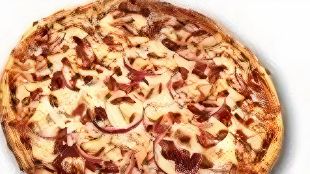 Western Bbq Chicken Pizza · Grilled chicken breast, red onions, and bacon cooked in a layer of Sweet Baby Ray's BBQ sauce.