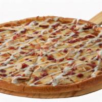 Chicken Bacon Ranch Pizza · Ranch dressing topped with chicken breast and bacon.