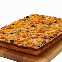 Sante Fe Chicken Pizza · Red onion, black olive, fresh tomato, chicken breast, cheddar cheese, and 505 green chile sa...