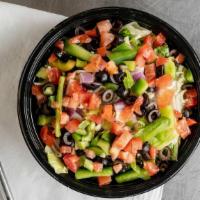 Garden Salad · Iceberg, romaine, red onion, green pepper, tomato, black olive, mozzarella, ranch dressing.