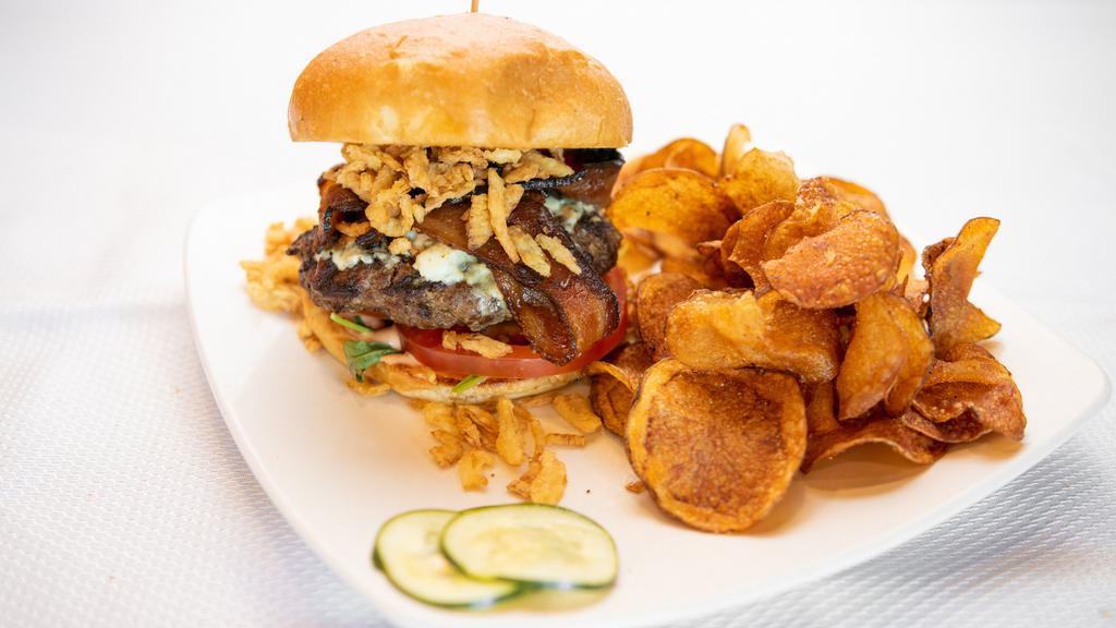 Boise Blue · blue cheese, frizzled onions, candied bacon, red onion, arugula, tomato, fry sauce