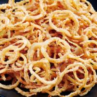 Fried Onion Strings' · Cut onions battered than fried!