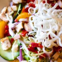Asian Salad · Smoked chicken or pork, mandarin oranges, almonds, red bell pepper, cucumber, slaw mix, roma...