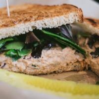 Tuna Sandwich · White tuna, celery, onion, pickle and lemon zest aioli served on spring mix and choice of br...