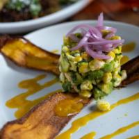 Prawn & Scallop Ceviche · Aji Amarillo, mango, avocado, serrano chiles, cilantro, red onion escabeche, fried plantains...
