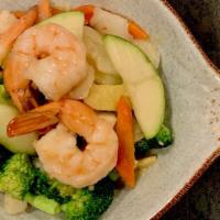 Assorted Vegetable Shrimp · Sautéed broccoli, carrots, zucchini, red and green peppers, onions, bamboo and water-chestnu...