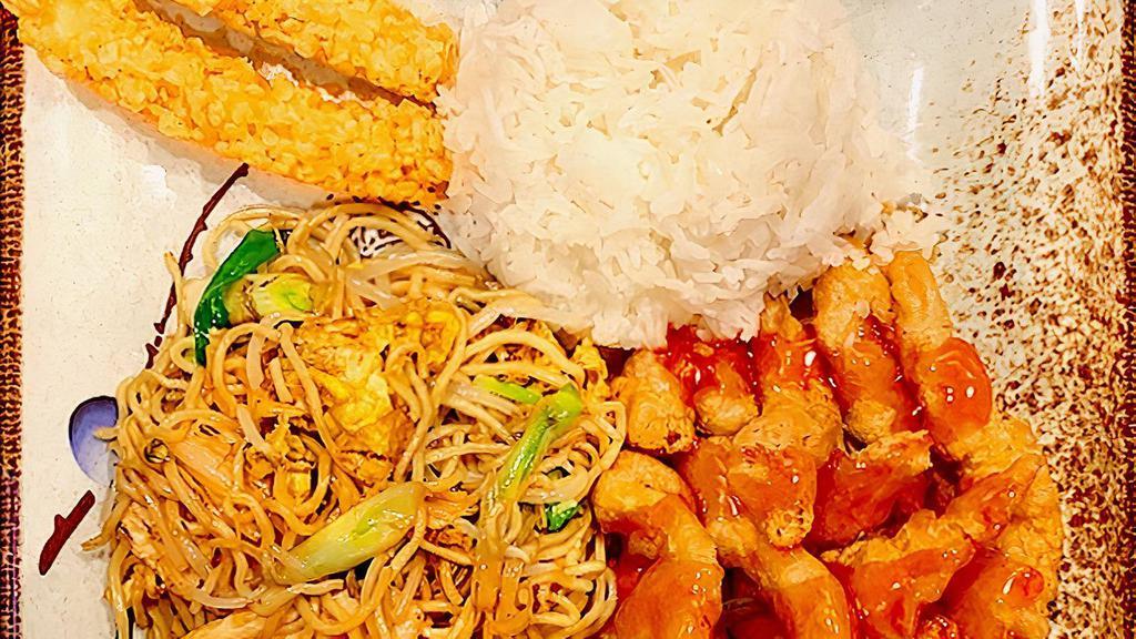 Beijing Style · Chicken chow mein, sweet and sour chicken, deep-fried shrimp and steamed rice.