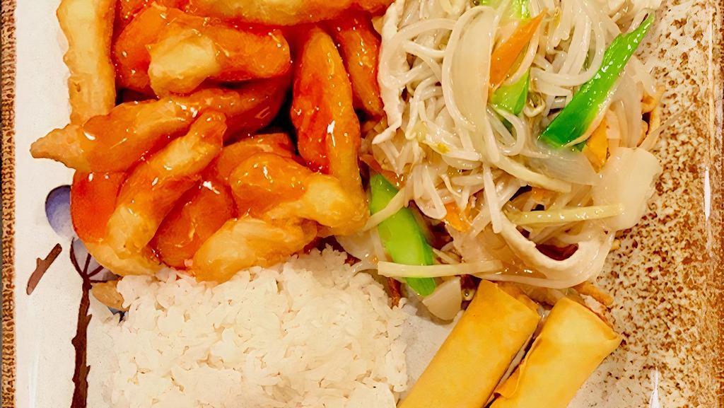 The Authentic · Chicken chop suey crispy noodles, sweet and sour chicken, egg roll and steamed rice.