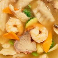 House Special Wonton Soup (Bowl) · Wonton soup served with chicken, pork, shrimp and fresh vegetables.