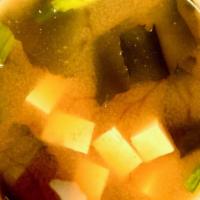 Miso Soup (Large) · Miso (fermented soy bean paste), tofu and seaweed soup.