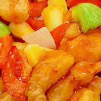 Sweet & Sour Chicken · Breaded and deep fried chicken breast topped with sweet and sour sauce.