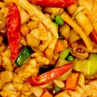 Kung Pao Chicken Or Beef Or Shrimp · Spicy. Diced vegetables and peanuts sautéed with your choice of meat in hot garlic sauce.
